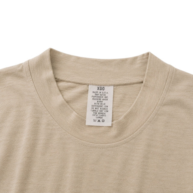 キャプテントム USMC FROG tan silkweight undershirt showing the interior neck label with care instructions