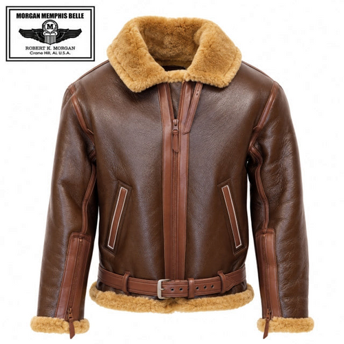 キャプテントムのMORGAN MEMPHIS BELLE初期型RAFアービンジャケット。ラセットブラウンの羊毛皮ムートン製で、背中2枚パネル仕様のヴィンテージ風フライトジャケット
