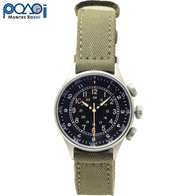 M.R.C. WATCH CO.（モントルロロイ）TYPE A-15 ELASPED TIME 米軍航空時計 KHAKI色布製ストラップ  [クォーツ][WW2 REPLICA][A-2454]【中田商店】