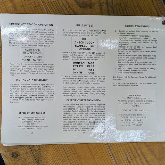 【店頭販売のみ】US（米軍放出品）AN/PRC-148 MultiBand Inter/IntraTeam Radio（MBITR）クイックリファレンスガイド [中古品]