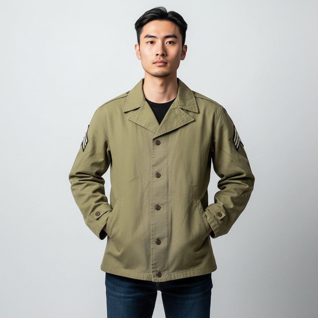 キャプテントムのSESSLER製M-41フィールドジャケット。カーキ色のコットン素材で三等軍曹のパッチ付き、ウォッシュ加工が施されたミリタリージャケットを着用した男性モデル。