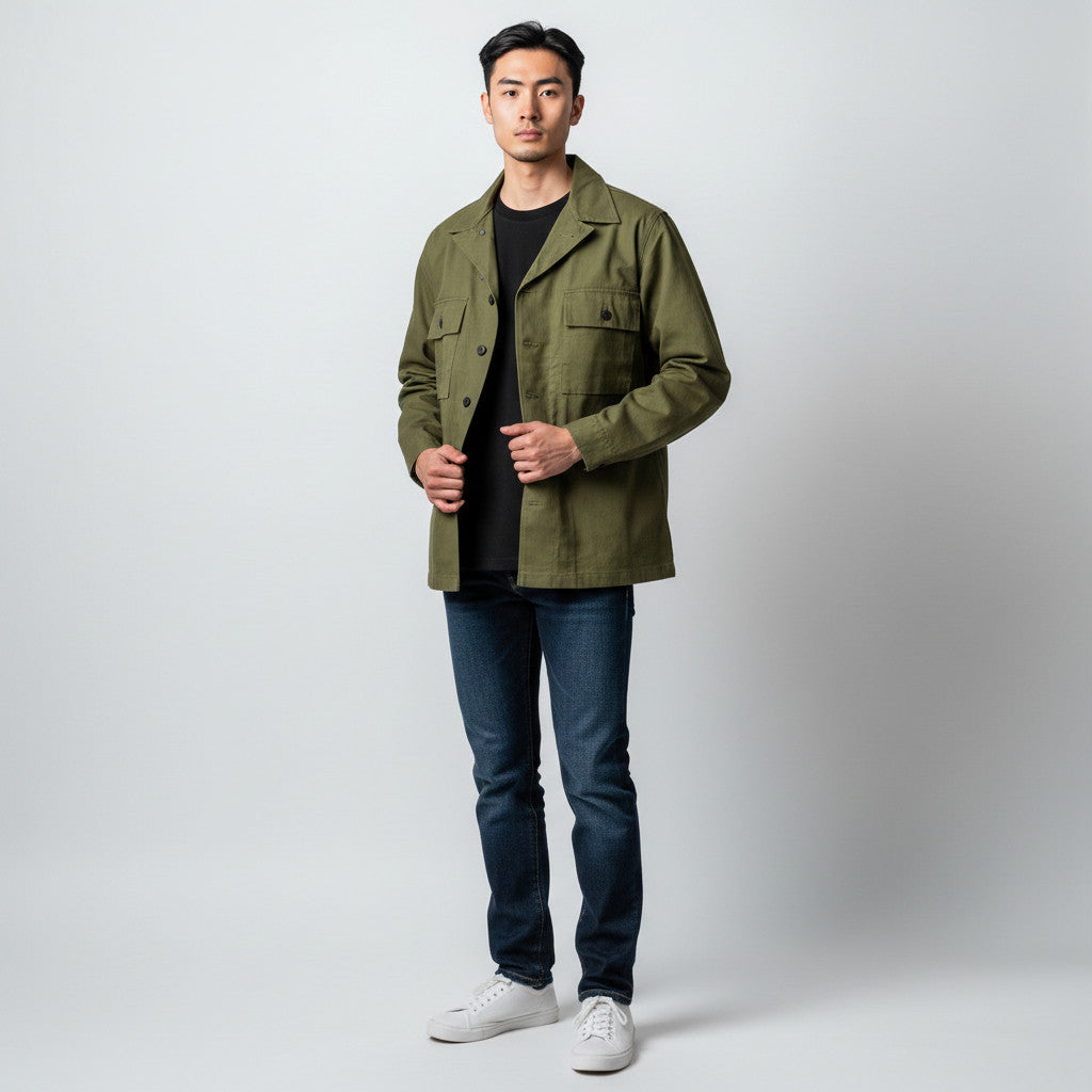 キャプテントムのSESSLER製US ARMY HBTミリタリージャケットを着用した男性モデル