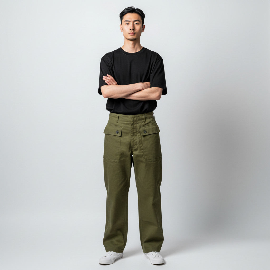 キャプテントムのSESSLER製USMC 1944 HBTパンツ。オリーブグリーンのコットンヘリンボーンツイル素材で、ワイドなシルエットが特徴。