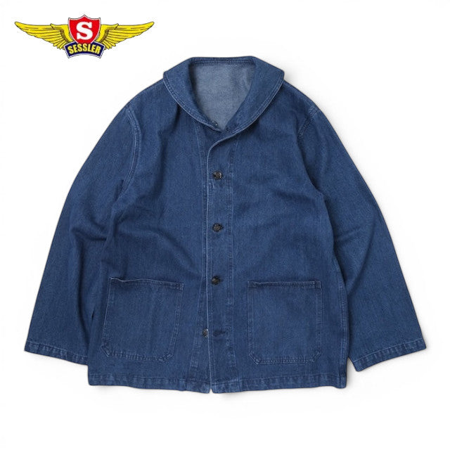 キャプテントムのSESSLER製WW2アメリカ海軍レプリカデニムジャンパー。コットン100%のブルーデニム生地を使用したショールカラーの作業用ジャケット。
