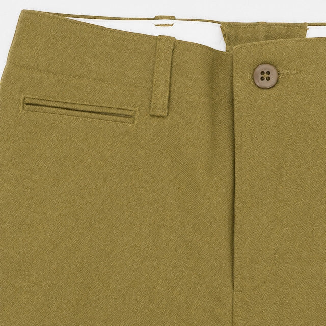キャプテントムのSESSLER製WW2復刻マスタードパンツ。カーキ色のウール混紡素材を使用したミリタリートラウザーズのウエスト部分。