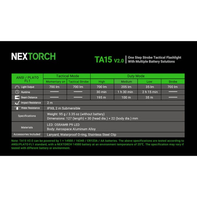 NEXTORCH（ネクストーチ）TA15 V2.0 Flashlight [3段階調光＋